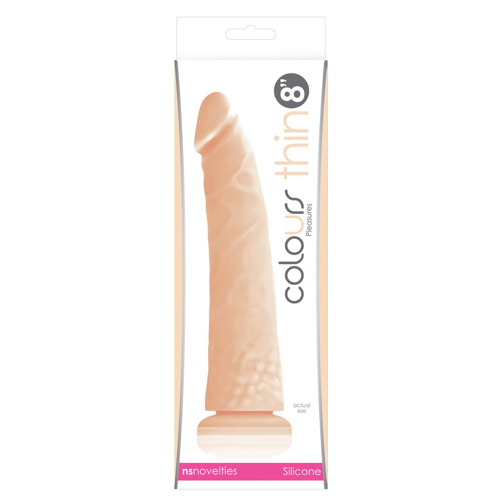 This colours pleasures thin 8" dildo has a realistically sculpted design w/ a veiny texture on the slim shaft & a ridged phallic head that's sure to hit all the right spots. Flesh-package.