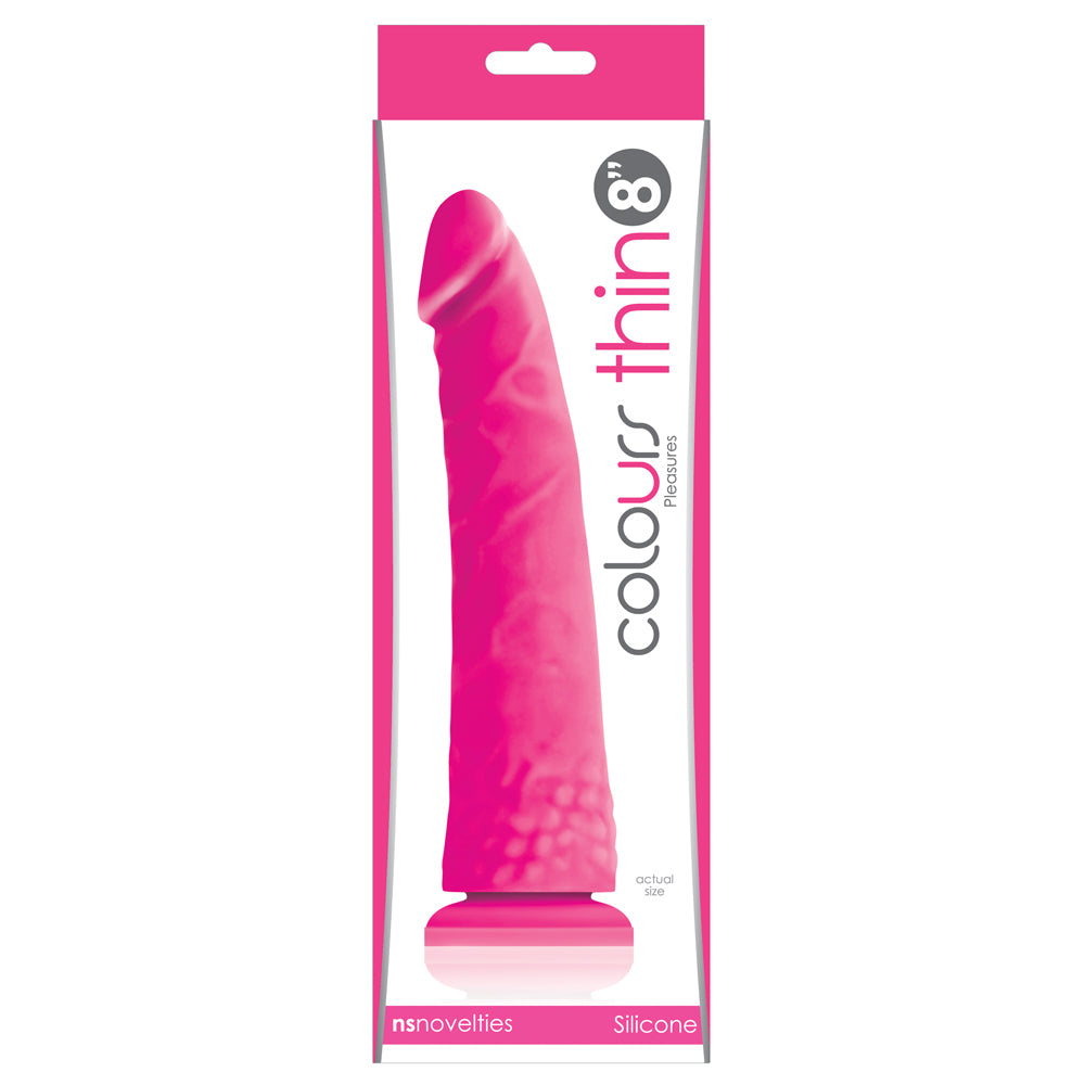 This colours pleasures thin 8" dildo has a realistically sculpted design w/ a veiny texture on the slim shaft & a ridged phallic head that's sure to hit all the right spots. Pink-package.
