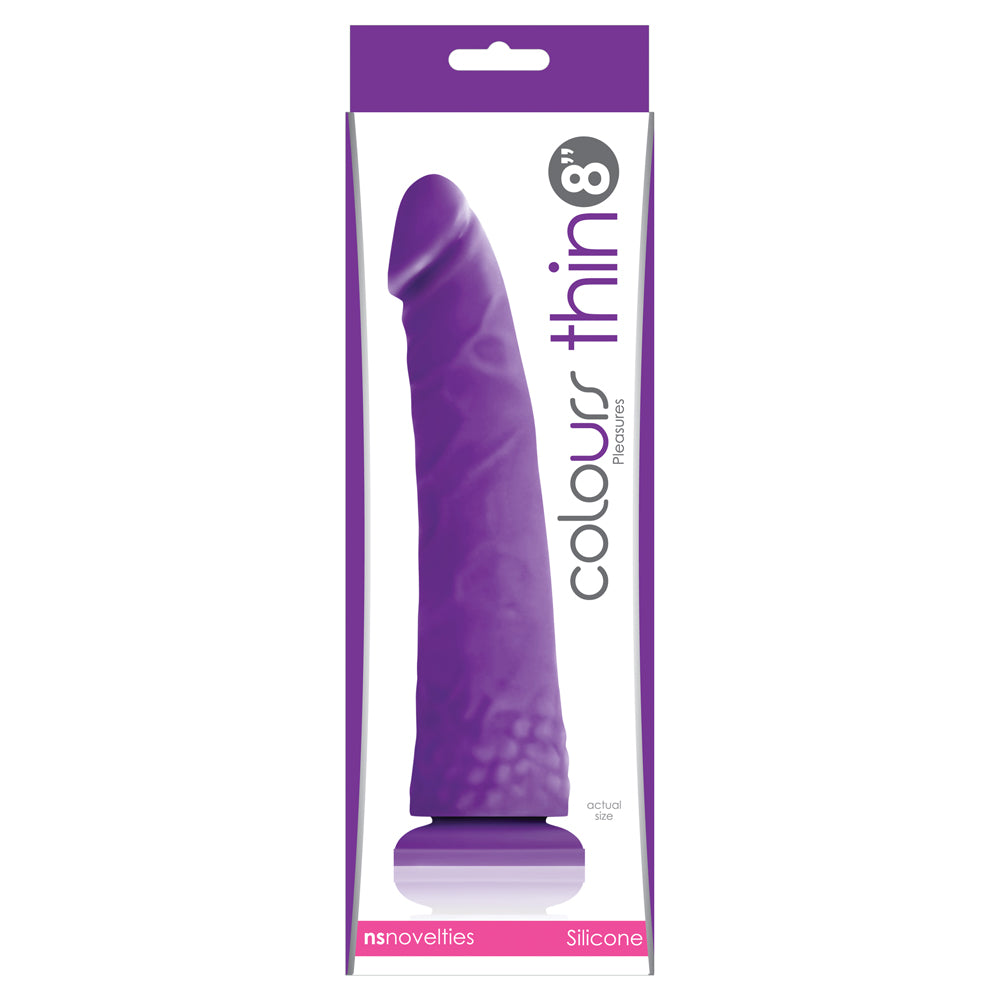 This colours pleasures thin 8" dildo has a realistically sculpted design w/ a veiny texture on the slim shaft & a ridged phallic head that's sure to hit all the right spots. Purple-package.