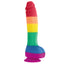 This colours pride edition 8-inch waterproof rainbow silicone firm dong has a realistic phallic head, veiny shaft + a harness-compatible suction cup for hands-free fun.