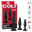 Colt silicone anal plugs increases in size so you can enjoy anal training at your own pace! Tapered w/ suction cups for easy insertion/removal. Features