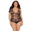 This curvy sheer lace teddy has tie-on cups that attach to rose gold chains outlining your breasts & has criss-cross lacing at the crotchless area.