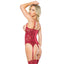 Coquette Cupless Gartered Lace Bustier & Adjustable Thong are made from red floral lace w/ open underwired cups to support your exposed breasts + full-length hook & eye closure to cinch your curves. (3)