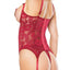 Coquette Cupless Gartered Lace Bustier & Adjustable Thong are made from red floral lace w/ open underwired cups to support your exposed breasts + full-length hook & eye closure to cinch your curves. (4)