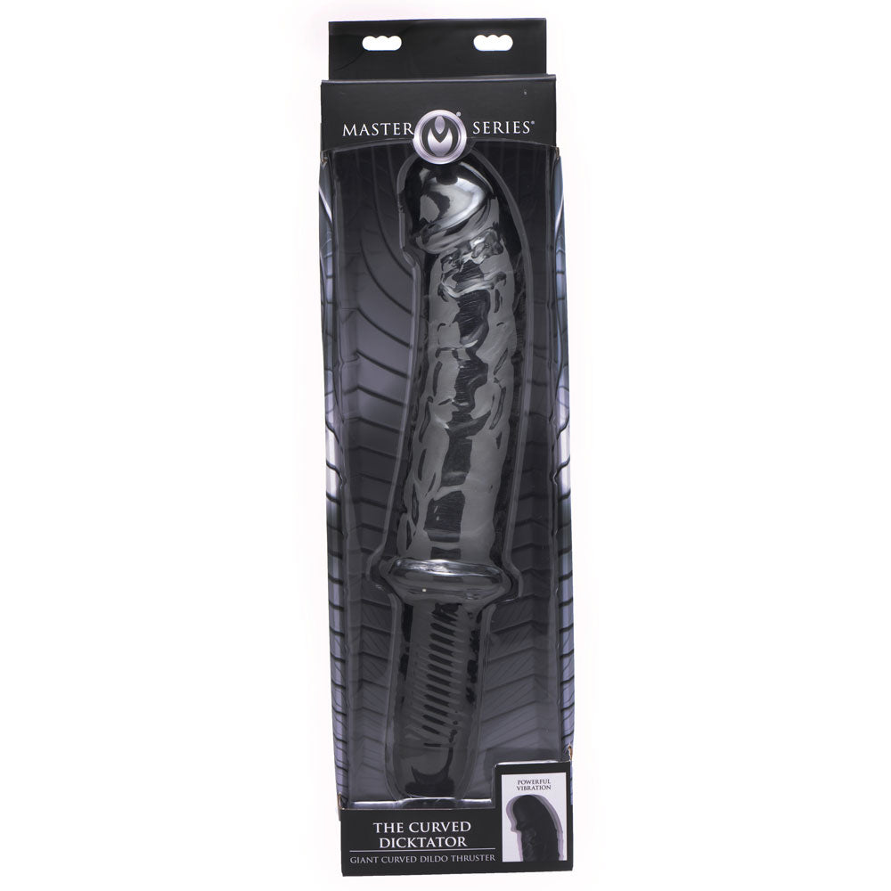 Master Series - The Curved Dicktator - thick dildo has a gently curved veiny shaft & bulbous head that's perfect for G-spot or P-spot play + 13 vibration modes. box