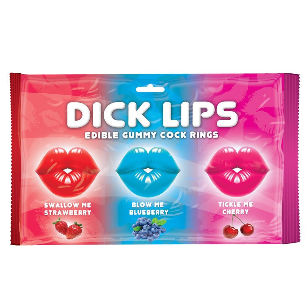 These lip-shaped gummy candies stretch to fit on your penis, coating you from head to base in strawberry, blueberry & cherry flavours. Package.