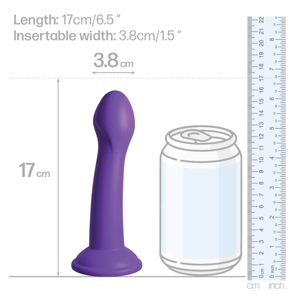 Dillio - 6" Please-Her has a bulbous G-spot head for targeted sweet spot stimulation & a harness-compatible suction cup base for hands-free fun solo or partnered. Purple-suction base. Dimension. 