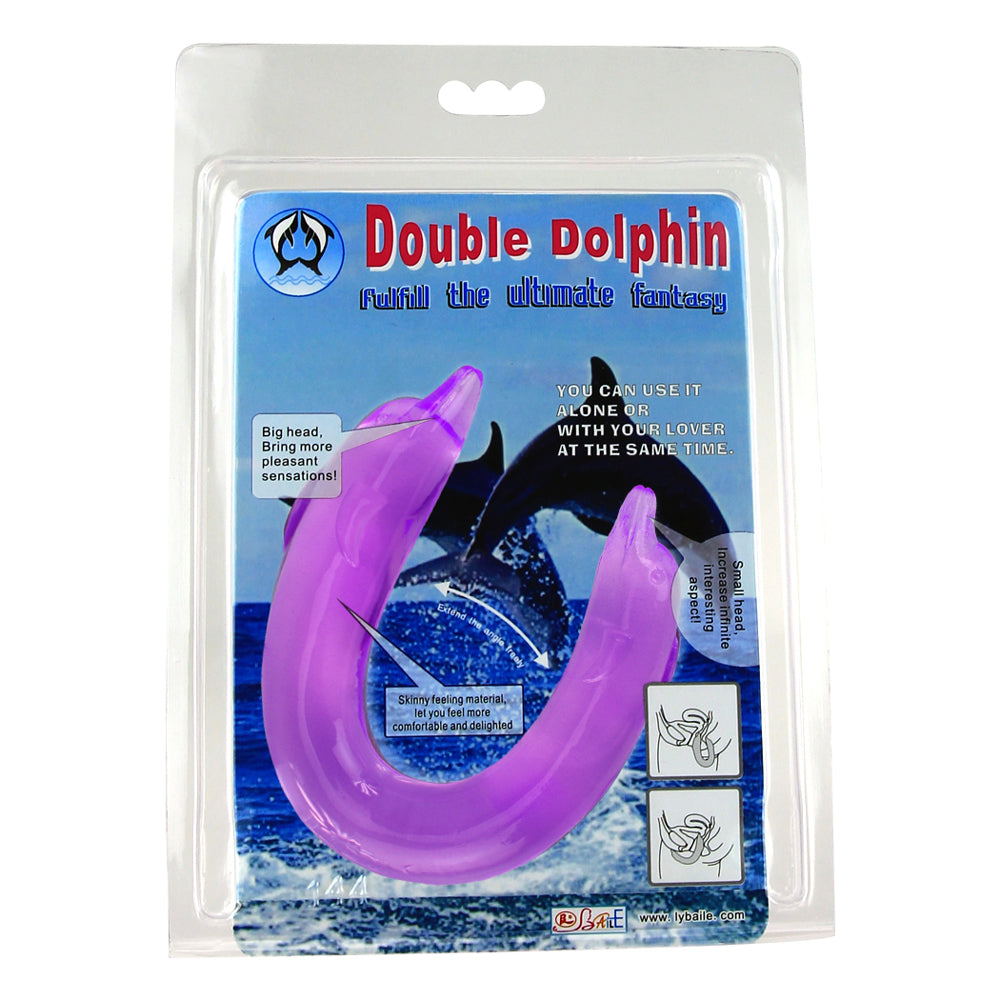 Double Dolphin - flexible U-shaped dildo has 2 differently sized dolphin heads w/ thin-to-thick noses & raised fins. package
