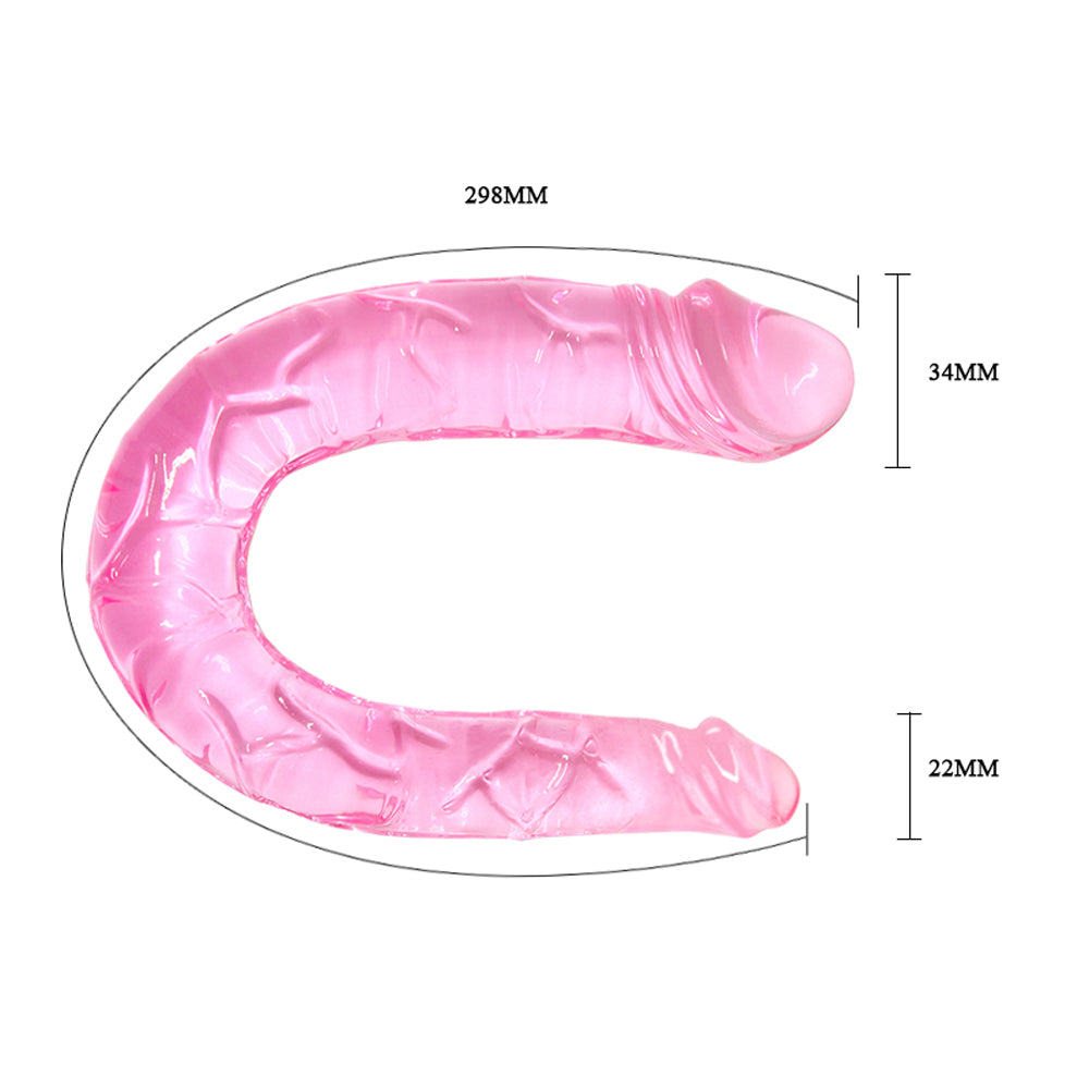 Double Dong - flexible horseshoe-shaped dildo is perfect for double penetration & has 2 differently sized ends. Pink, size