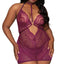 Dreamgirl Lace & Mesh Halter Cutout Chemise & G-String - Curvy has a scalloped V-neck w/ a strappy halter collar detail on top of a BDSM accessory-compatible metal O-ring for more ways to play.