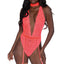 Dreamgirl Plunging Gartered Lace Teddy & Collar is made from neon coral scalloped lace & has a deep V-neck, attached suspenders & a strappy, barely-there criss-cross back.