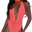 Dreamgirl Plunging Gartered Lace Teddy & Collar is made from neon coral scalloped lace & has a deep V-neck, attached suspenders & a strappy, barely-there criss-cross back. (3)