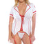 Dreamgirl Triage Trixie Nurse Roleplay Costume Set - Curvy includes a headband, mesh G-string & short-sleeved gartered slip w/ a plunging collared neckline + corset-style laces.