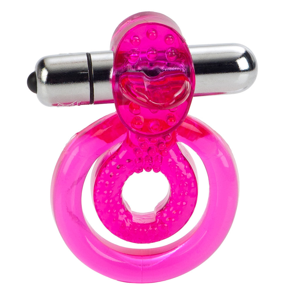 Dual Clit Flicker Vibrating Cockring - dual ring cockring w tongue and 3 speed bullet. Pink