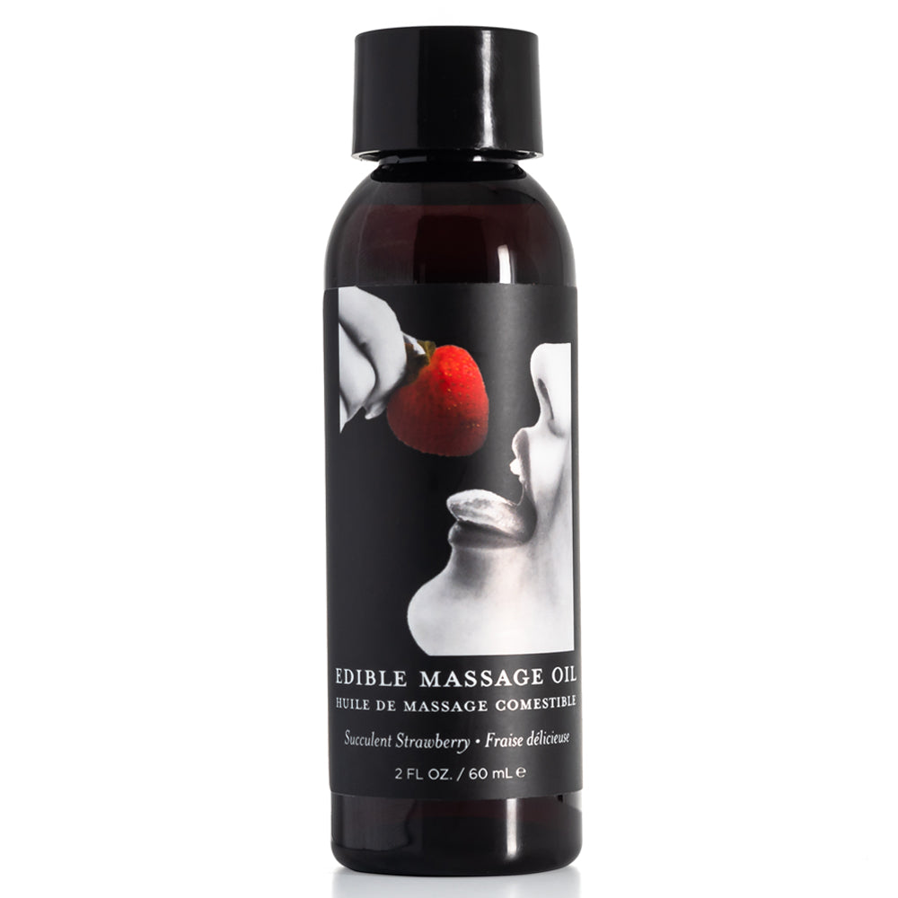This edible vegan massage oil deeply nourishes skin w/ natural oils & a sweet strawberry flavour.