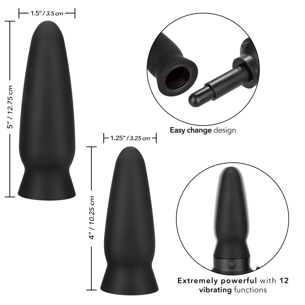 Eclipse interchangeable probe set comes w/ a rechargeable 12-mode vibrating base & 2 differently sized tapered butt plug heads that screw on the easy-change base. Details
