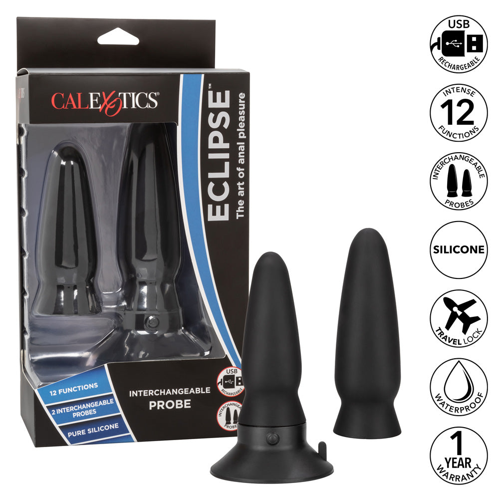 eclipse interchangeable probe set comes w/ a rechargeable 12-mode vibrating base & 2 differently sized tapered butt plug heads that screw on the easy-change base. Features