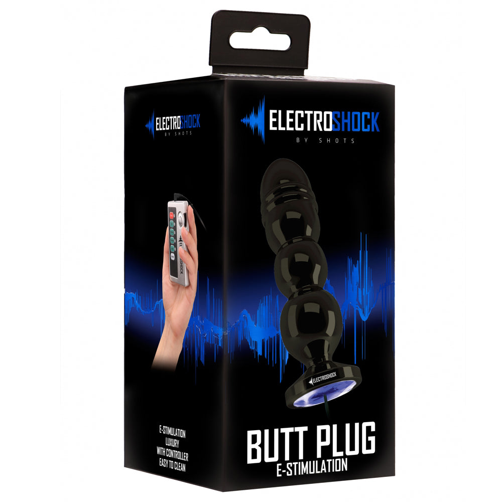 ElectroShock 4.9" Bold E-Stimulation Butt Plug has a wired power pack w/ 4 e-stim modes in 5 speeds each & adjustable intensity for new heights of anal pleasure. Package.
