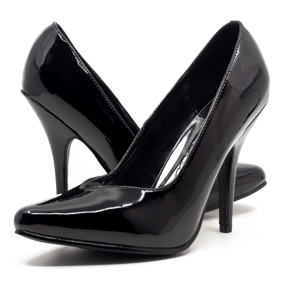 Ellie Shoes 5" Heel Patent Pump heels are sleek & simple w/ a 5" stiletto heel that goes w/ everything from office looks to lingerie. Black.