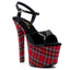 Ellie Shoes Mary 7" Stiletto Plaid Platform Sandals feature a vegan-friendly patent faux leather upper & a red tartan 3" platform that complements any sexy schoolgirl-themed look.