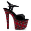 Ellie Shoes Mary 7" Stiletto Plaid Platform Sandals feature a vegan-friendly patent faux leather upper & a red tartan 3" platform that complements any sexy schoolgirl-themed look. (3)