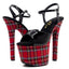 Ellie Shoes Mary 7" Stiletto Plaid Platform Sandals feature a vegan-friendly patent faux leather upper & a red tartan 3" platform that complements any sexy schoolgirl-themed look. (5)