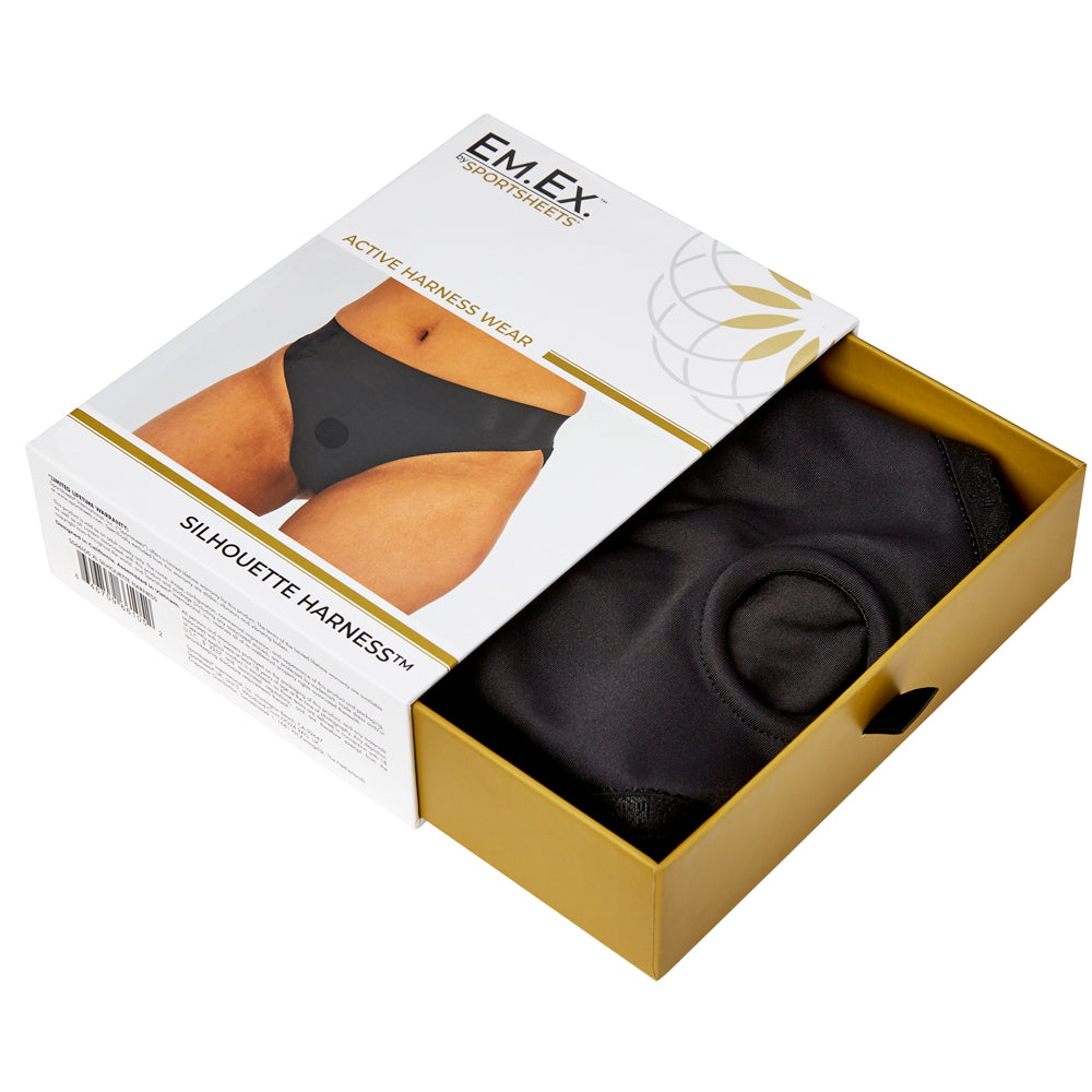 Sportsheets - Em.Ex. Active Harness Wear - Silhouette Harness - This crotchless bikini-cut jock-style strap-on harness holds dildos & personal bullet vibrators securely w/ the soft, stretchy fabric that also keeps you cool. packaging open