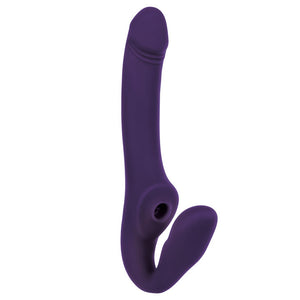  Evolved 2 Become 1 Vibrating Sucking Strapless Strap-On has triple independent motors w/ 2 vibrating motors & clitoral licking + suction for both partners' pleasure.