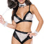 Exposed Dirty Deeds Sexy Maid Lace & Wet Look Lingerie Costume Set includes lace wrist cuffs & choker + a wet look & lace bralette + high-waisted panty that lets your skin peek through.