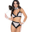 Exposed Dirty Deeds Sexy Maid Lace & Wet Look Lingerie Costume Set includes lace wrist cuffs & choker + a wet look & lace bralette + high-waisted panty that lets your skin peek through. (5)