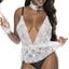 Exposed Full Service Up Sexy Maid Lace Teddy Costume Set includes lace wrist cuffs & choker + a lace peplum teddy w/ a plunging, backless design & wet look bottoms.