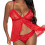 Exposed Ooh La Lace Red Babydoll & Split Crotch Panty Set includes a wire-free babydoll w/ a split front & ruffle trim + a split-crotch panty for access to your intimate areas.