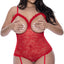  Exposed Ooh La Lace Red Cupless Crotchless Gartered Teddy - Curvy has a cupless, crotchless lace design w/ attached suspenders to wear w/ thigh-high stockings.