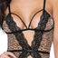 Exposed Purrfect Leopard Print & Lace Gartered Cutout Basque & Thong features X-shaped lace trim to highlight your bust + navel & has attached suspenders for wearing w/ thigh-highs. (2)