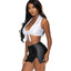 Exposed Sexy CEO Crop Top & Wet Look Miniskirt Costume includes a white collar tie-up crop top & a black wet look miniskirt to show you're keen to get down to business. (7)