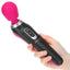PalmPower Extreme - powerful wireless wand vibrator has an ergonomically curved head + flexible neck to deliver 7 vibration modes & speed control. Pink, in hand