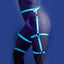 Fantasy Lingerie Buckle Up Glow In The Dark Leg Harness wraps you from waist to knee in adjustable glow-in-the-dark neon blue straps w/ O-rings for attaching BDSM accessories.