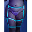 Fantasy Lingerie Buckle Up Glow In The Dark Leg Harness wraps you from waist to knee in adjustable glow-in-the-dark neon blue straps w/ O-rings for attaching BDSM accessories. (5)