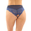 This sexy underwear features delicate patterned lace, sheer mesh & a cute bow + a crotchless design to present to your lover. Navy. (2)