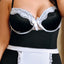 Fantasy Lingerie Curve Night Service Maid Costume includes a maid apron tie-back babydoll & ruffled panties w/ detachable garters to wear with or without thigh-high stockings. (3)