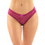 These crotchless panties have a floral motif on sheer mesh & an alluring criss-cross detail in the bikini-cut rear. Berry.
