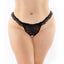 These plus-size panties have a ruffled waistband & cheeky-cut rear + stimulating pleasure pearls at the crotch for arousing sensations. Black.