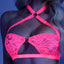 Fantasy Lingerie Glow Lights Off Lace Halter Bralette & Cage Panty Set adorns your body w/ strappy collar & high-waisted details to help you shine in the dark or under UV lights. (3)