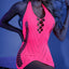 Fantasy Lingerie Glow Shock Value Halter Net Dress hugs your curves & exposes more skin w/ fishnet cutouts & a low back. Pink.