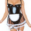Fantasy Lingerie Play Anita Room Maid Costume Set consists of a wet look teddy + sheer lace-trimmed tulle skirt w/ detachable thigh garters & wet look maid headband.