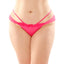 Fantasy Lingerie Posey Strappy Crotchless Lace Panties for plus-sized figures have a strappy lace & microfibre design over the hips, extending into scalloped lace for a feminine touch. Pink.