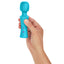 FemmeFunn Ultra Wand Mini Vibrator Info prevents hand cramps + fatigue & packs 10 vibration settings + a powerful Boost mode into a travel-friendly body. Turquoise-on hand.