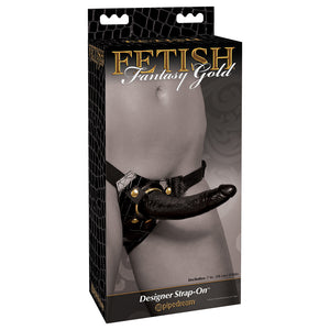 Fetish Fantasy Gold Designer Strap-On Harness & Dildo comes w/ a 7" dildo & an interchangeable O-ring so you can play w/ different-sized probes. Package.
