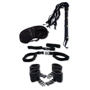 Fetish Fantasy Series Bedroom Bondage Kit includes interlocking ankle straps, wrist restraints, leather whip, satin mask blindfold & bedpost extensions.