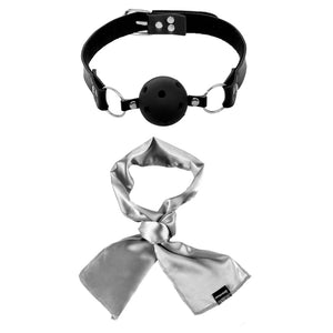 Fetish Fantasy Series Ultimate Bondage Kit includes a gag, anal plug, vibrator w/ interchangeable heads, blindfold, cuffs, nipple clamps, flogger, silk tie, feather tickler & Ben Wa balls. Ball gag & silk tie.